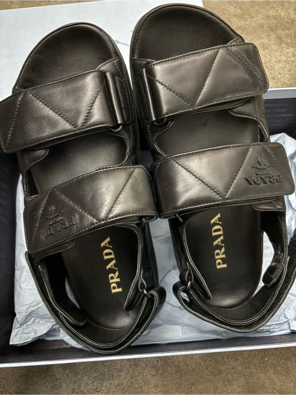 Prada Women’s Black Leather Quilted-Strap Dad Sandals